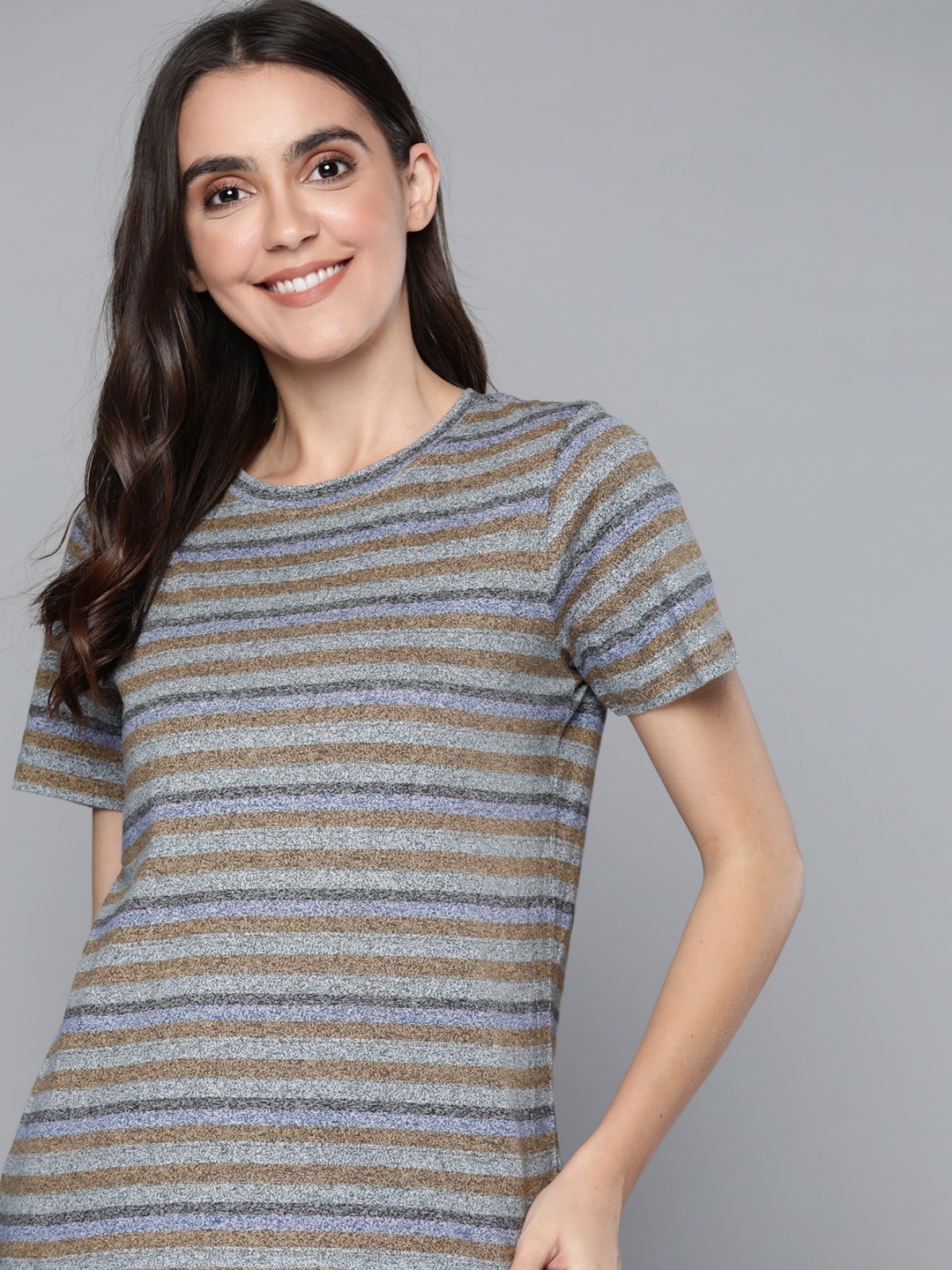 

Mast & Harbour Women Grey & Brown Striped Pure Cotton T-shirt
