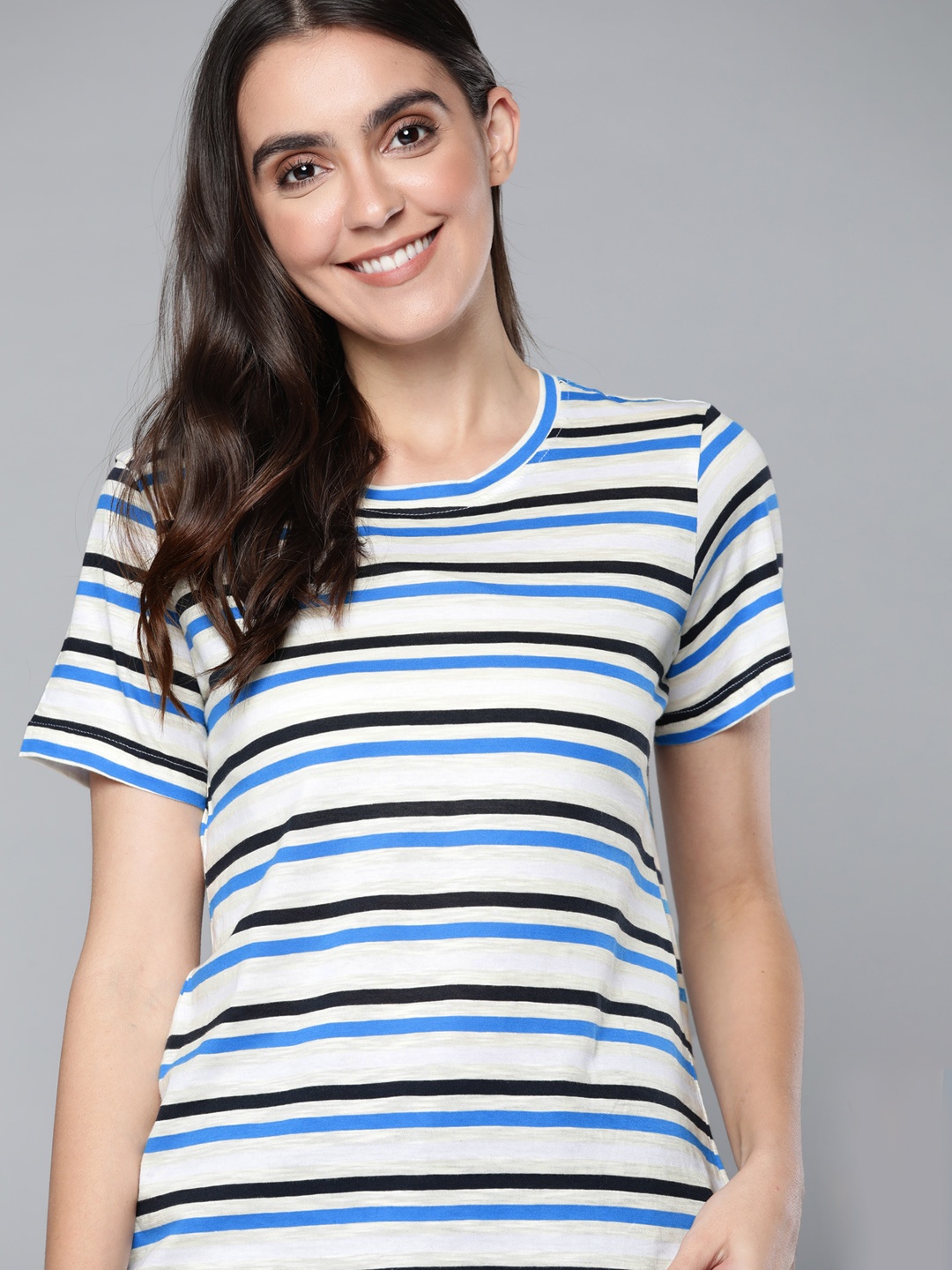 

Mast & Harbour Women White & Blue Striped Pure Cotton T-shirt
