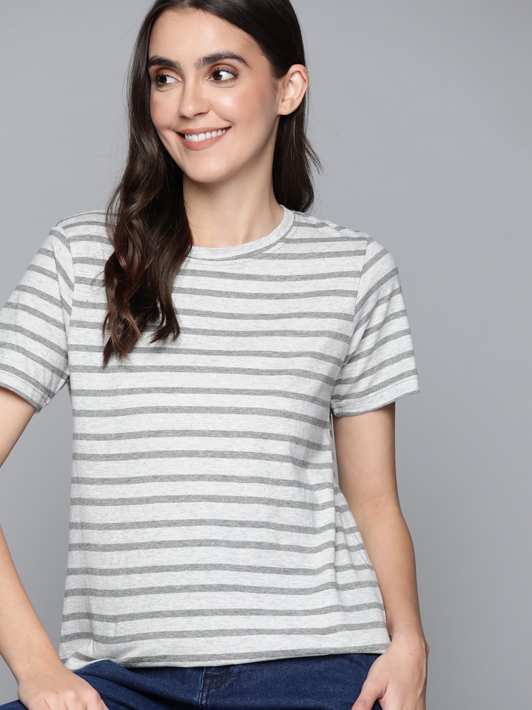 

Mast & Harbour Women White & Grey Melange Striped Pure Cotton T-shirt