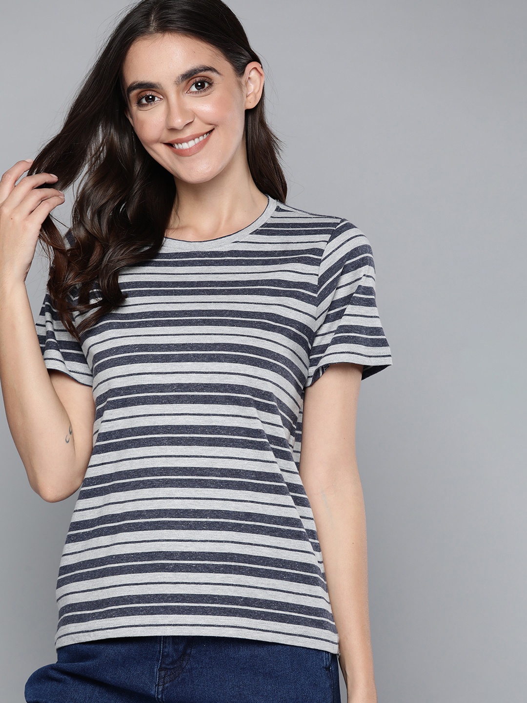 

Mast & Harbour Women Grey Melange & Navy Blue Striped Pure Cotton T-shirt