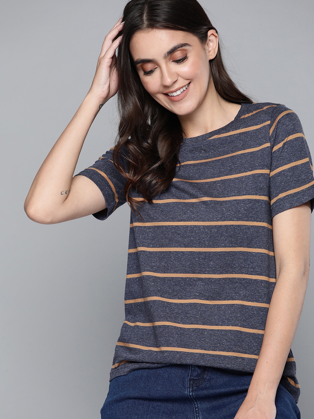 

Mast & Harbour Women Navy Blue & Brown Striped Pure Cotton T-shirt