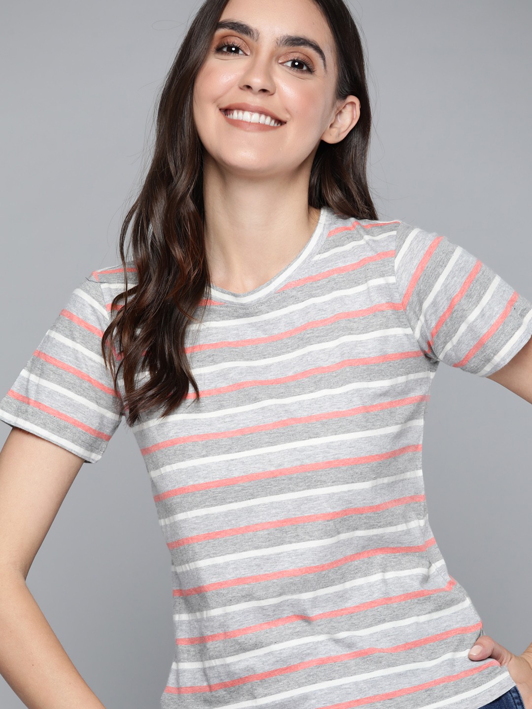 

Mast & Harbour Women Grey Melange & Coral Pink Striped Pure Cotton T-shirt