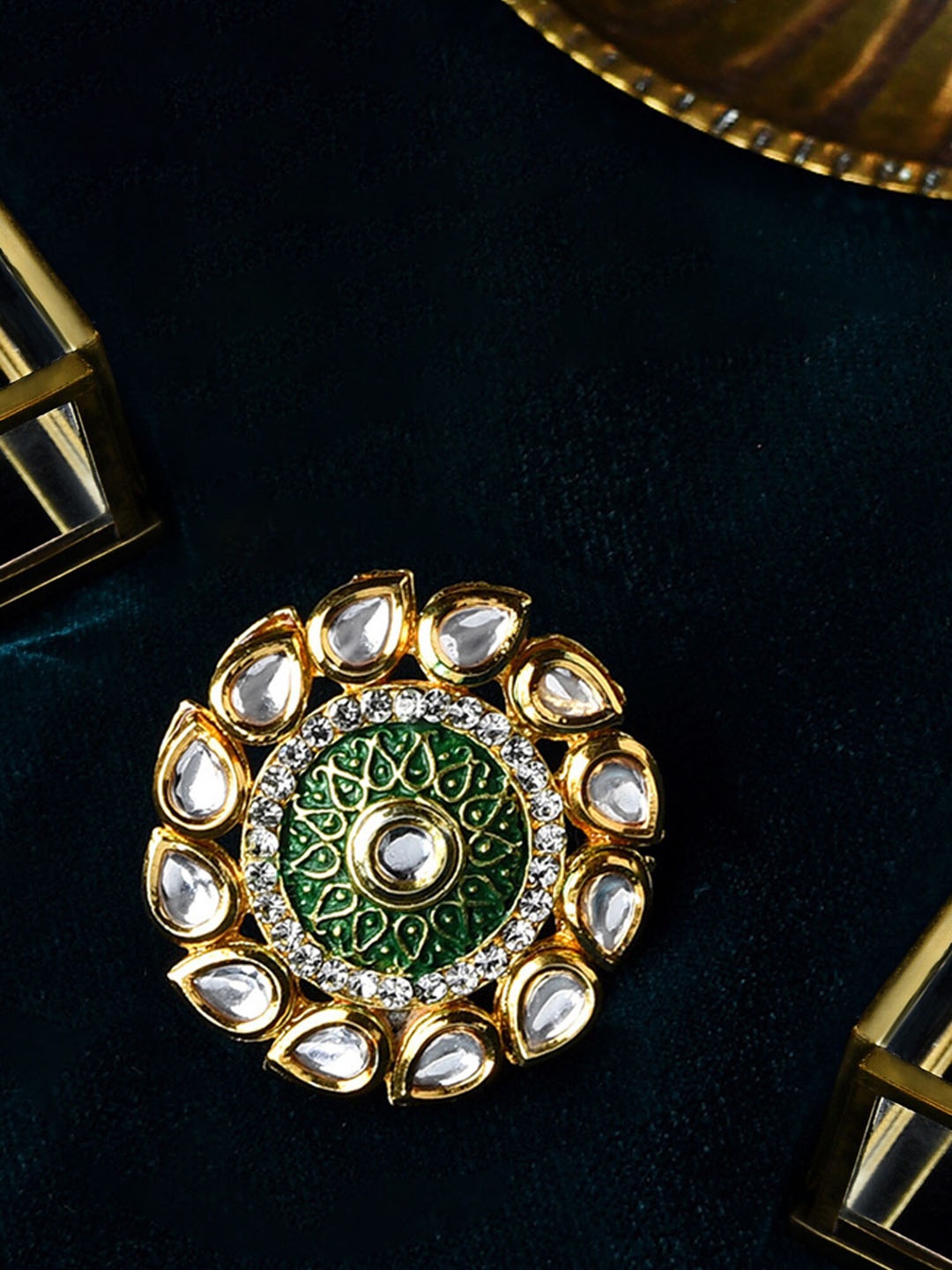 

Zaveri Pearls Gold-Plated & Green & White Kundan Stone Studded Meenakari Adjustable Finger Ring