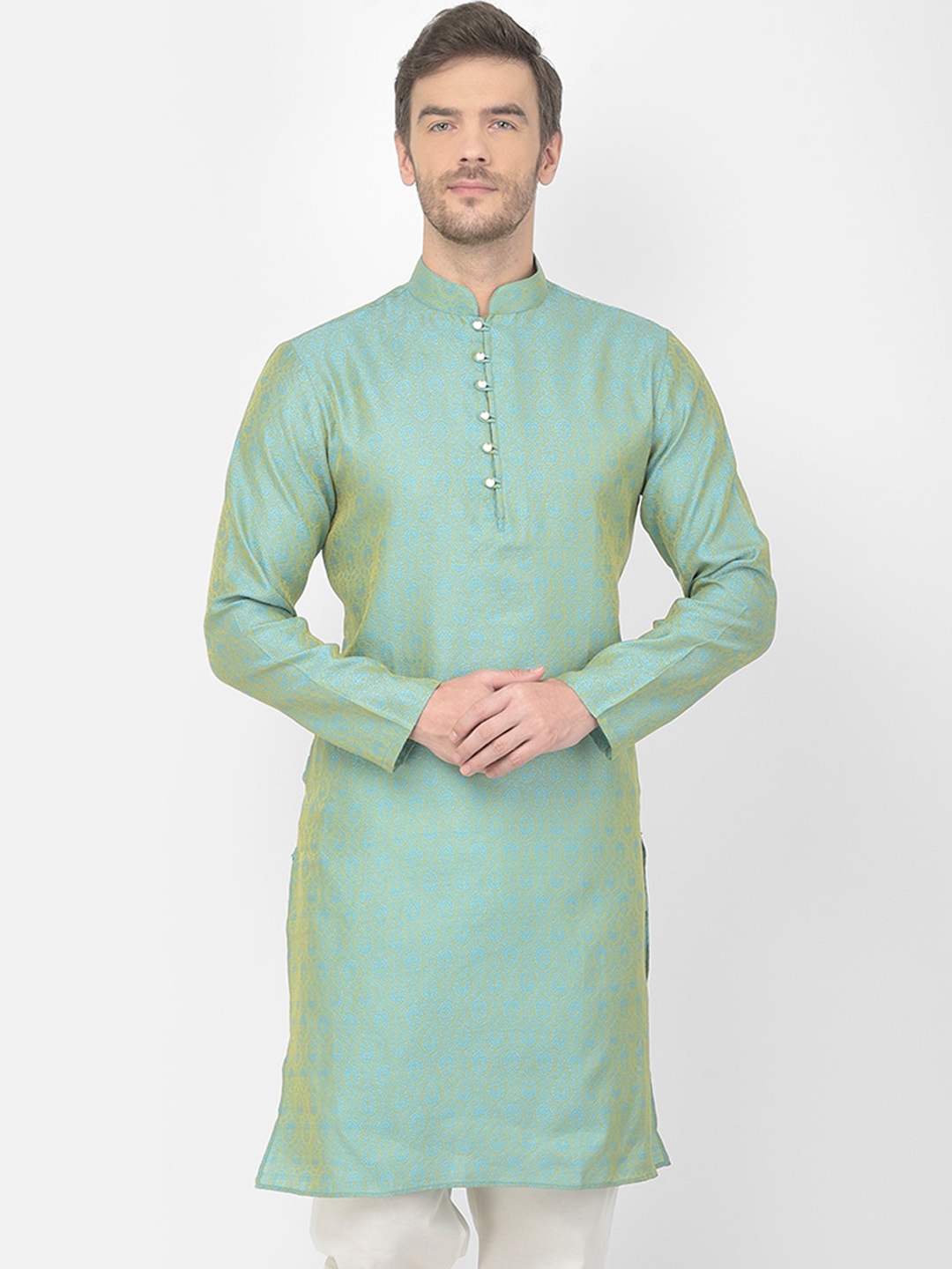 

SG LEMAN Men Turquoise Blue Woven Design Straight Kurta