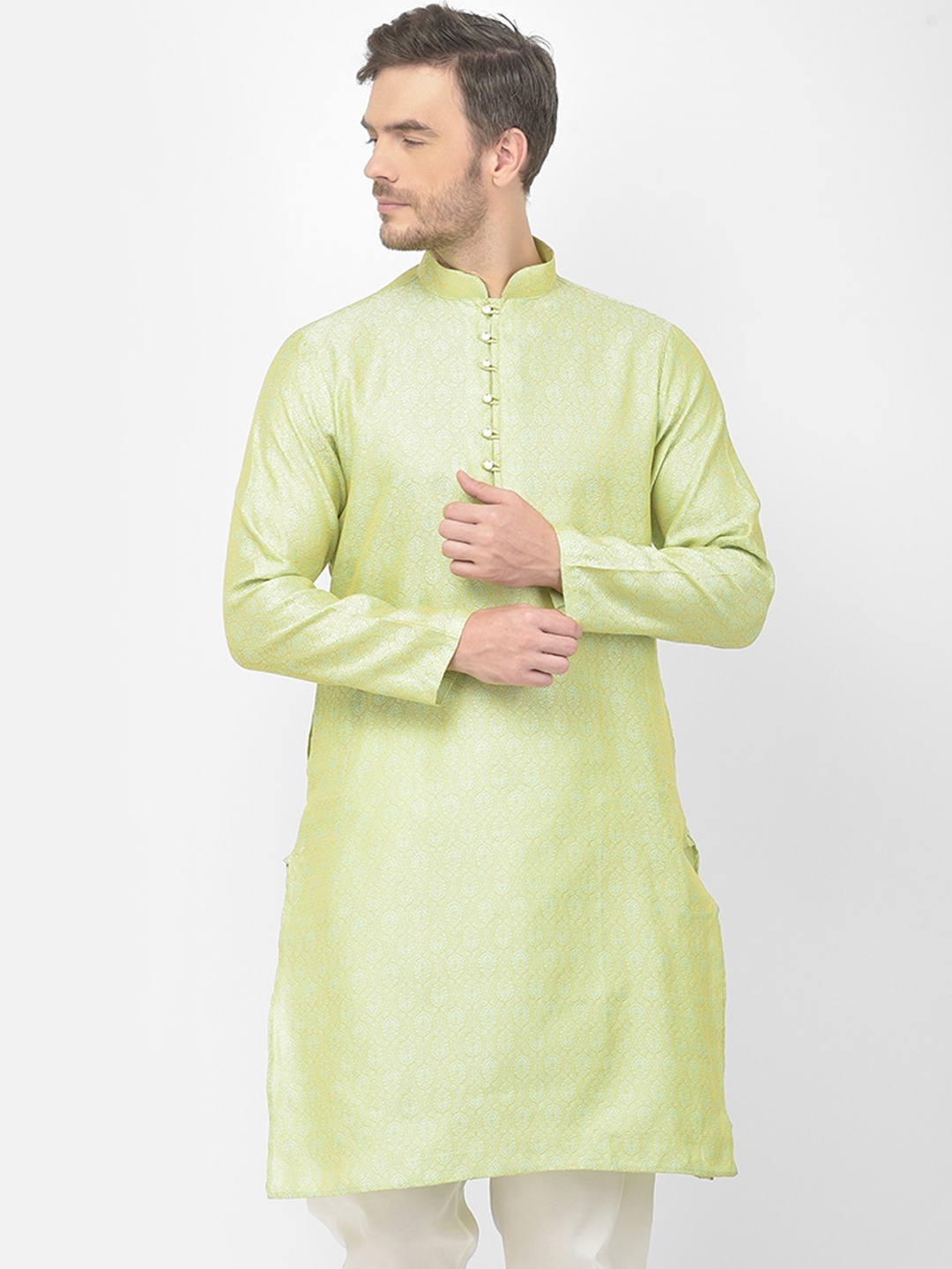 

SG LEMAN Men Green & White Thread Work Kurta