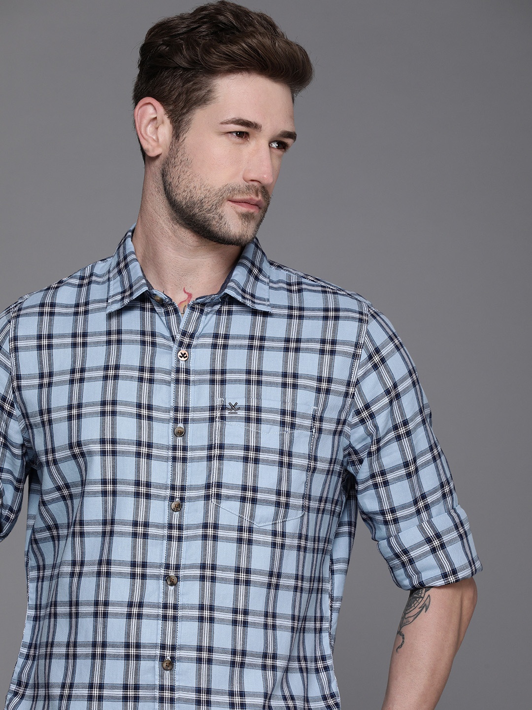 

WROGN Men Blue & Black Slim Fit Opaque Checked Casual Shirt