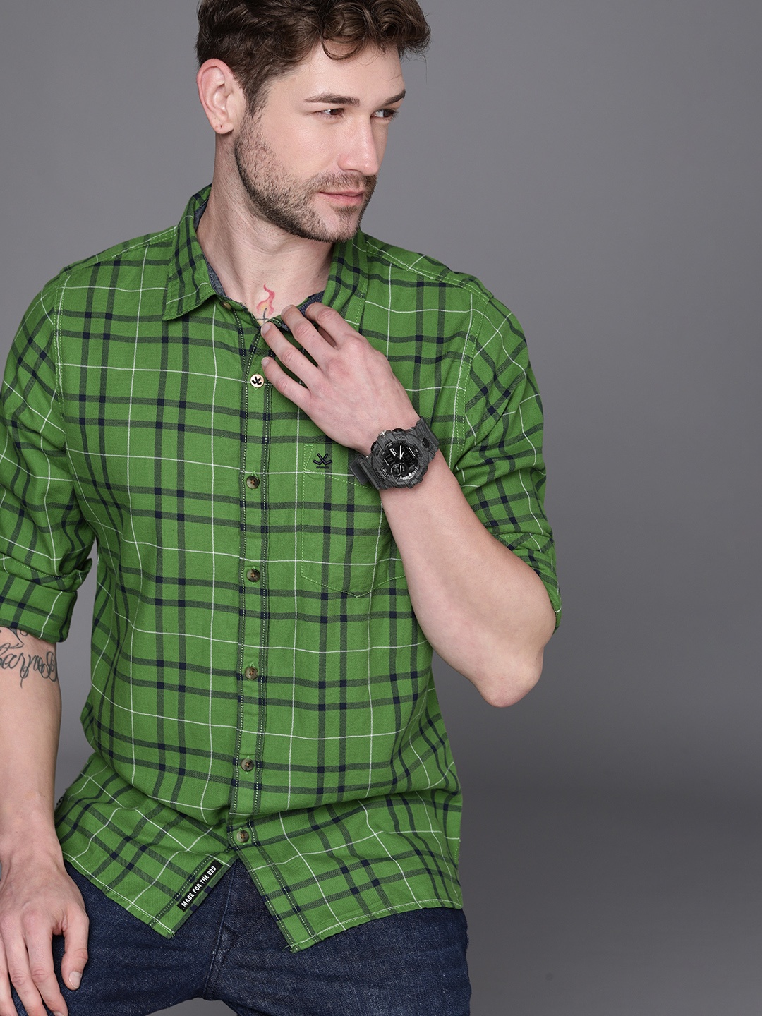 

WROGN Men Green & Navy Blue Slim Fit Tartan Checked Pure Cotton Casual Shirt