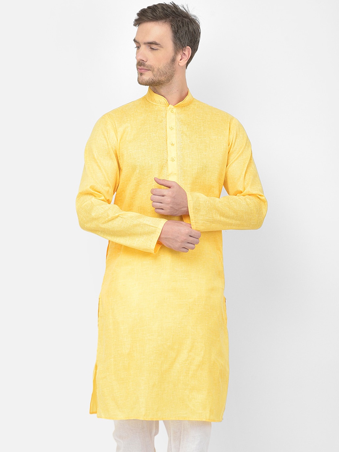 

SG LEMAN Men Yellow Floral Yoke Design Thread Work Kurta