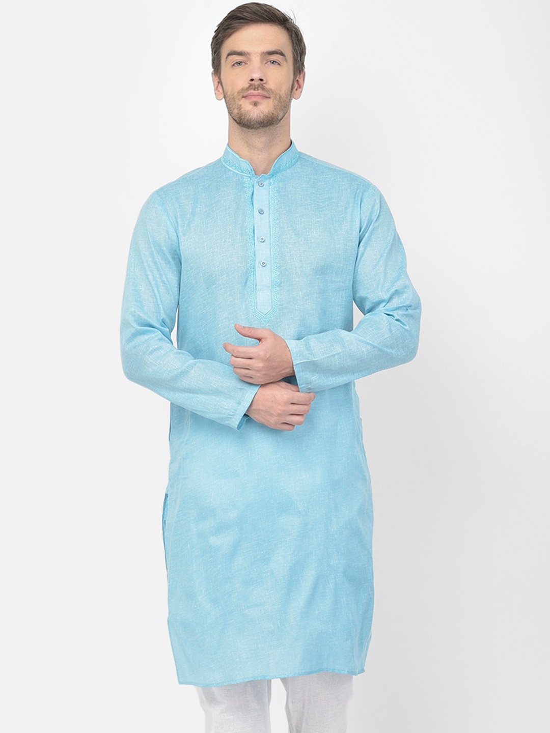 

SG LEMAN Men Turquoise Blue Cotton Thread Work Kurta