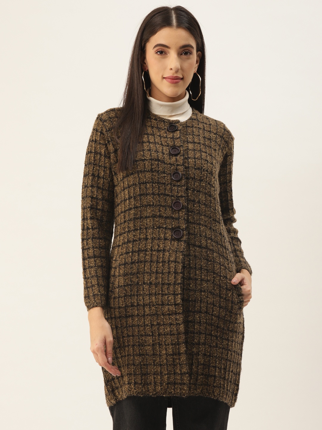 

BROOWL Women Brown & Black Woolen Checkered Longline Trendy Coat
