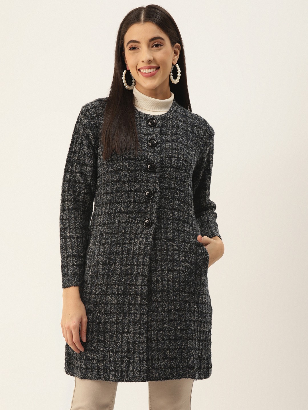 

BROOWL Women Blue & Black Woolen Checkered Longline Trendy Coat