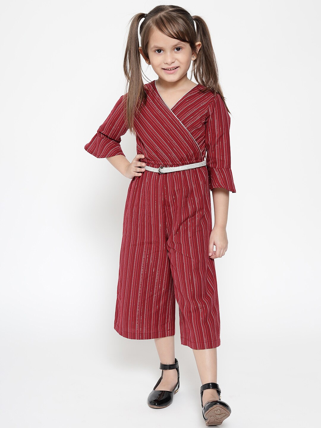 

Nauti Nati Girls Maroon & White Striped Pure Cotton Basic Jumpsuit