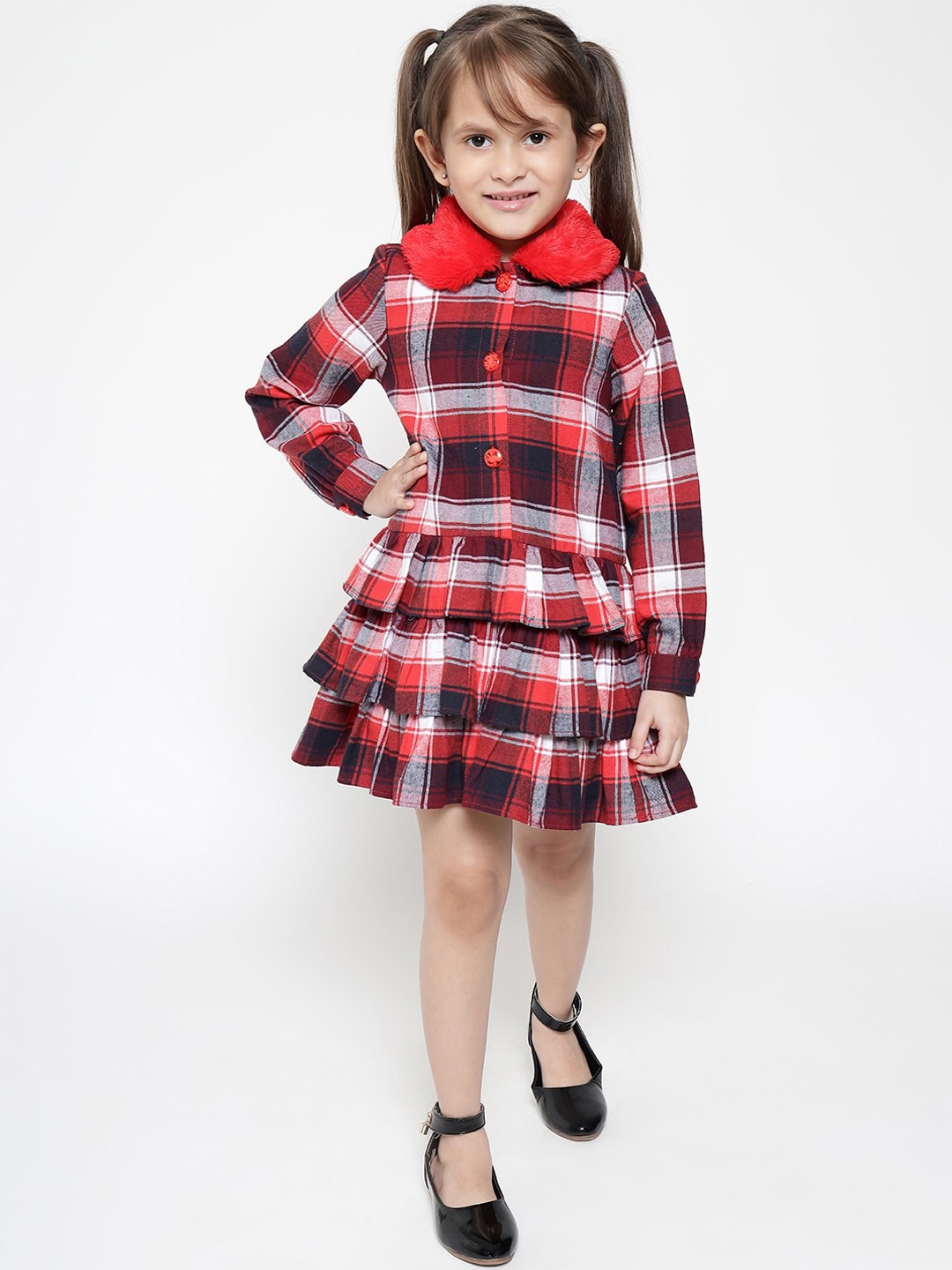 

Nauti Nati Girls Red & White Checked Peter Pan Collar Layered Pure Cotton Shirt Dress