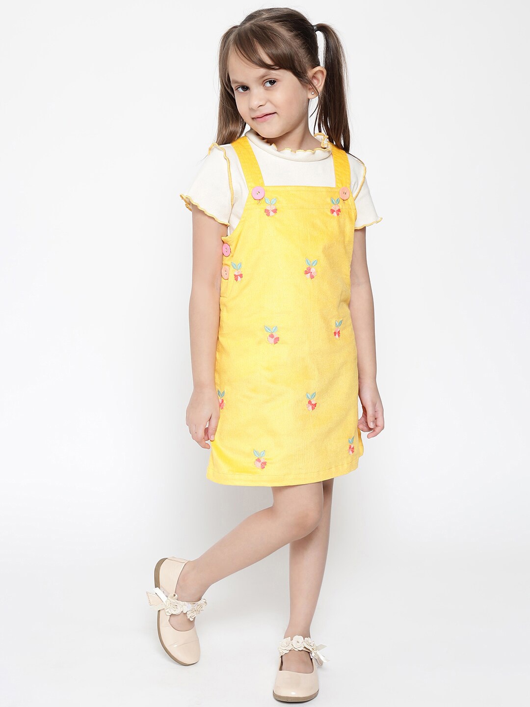 

Nauti Nati Girls Yellow & Green Pure Cotton Embroidered Pinafore With Top