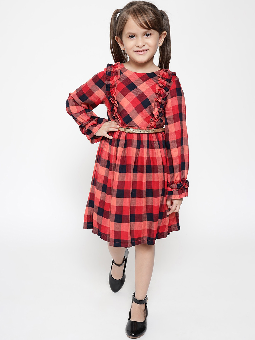 

Nauti Nati Girls Red & Black Checked Belted Pure Cotton Dress