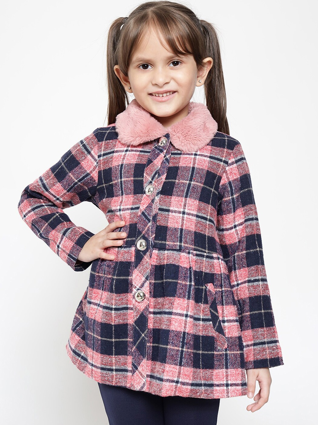 

Nauti Nati Girls Navy-Blue & Pink Checked Pure Cotton Longline Coat