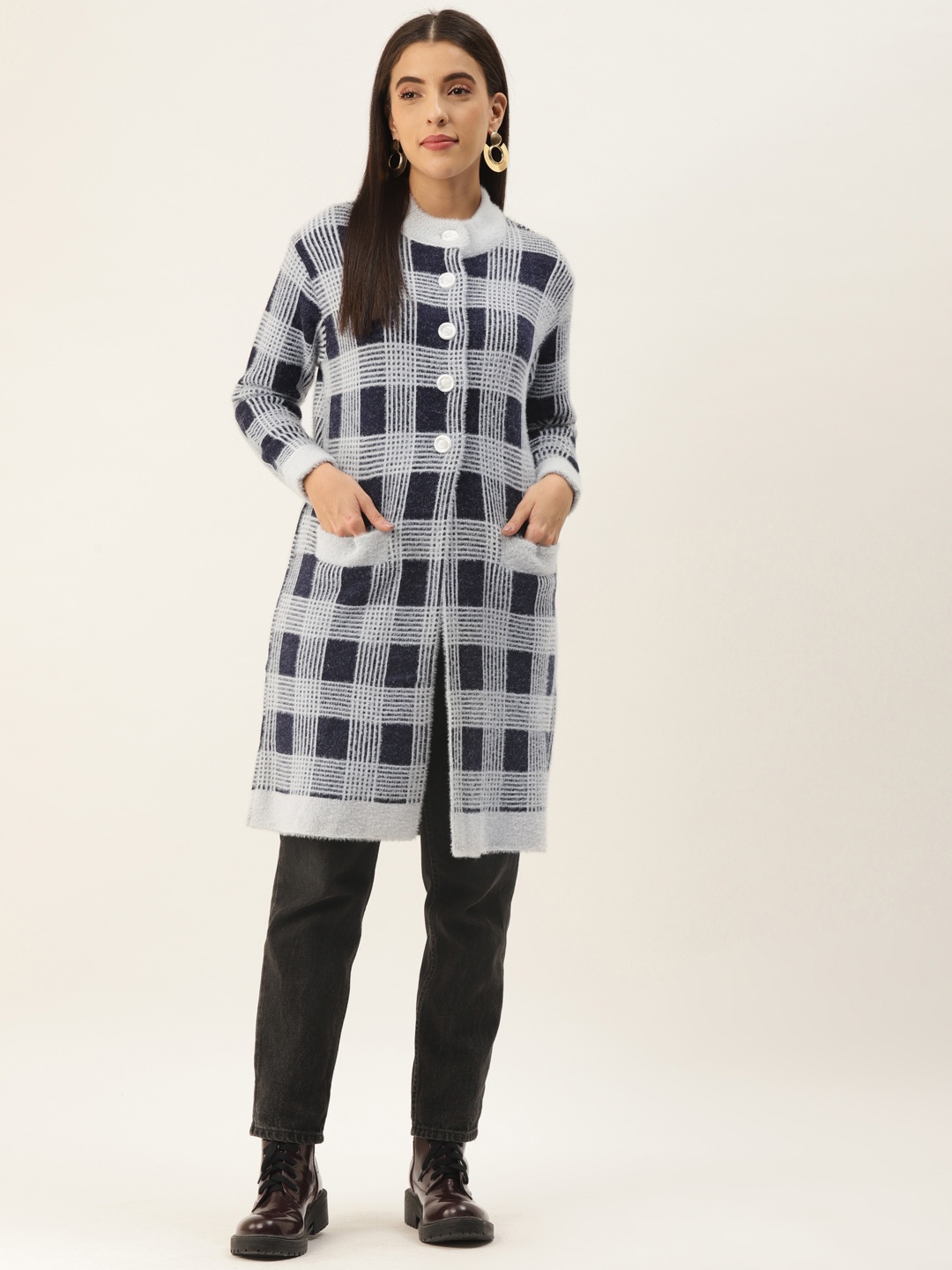 

BROOWL Women Navy Blue & White Checked Longline Cardigan