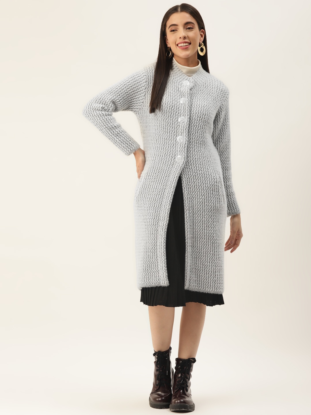 

BROOWL Women White Longline Cardigan