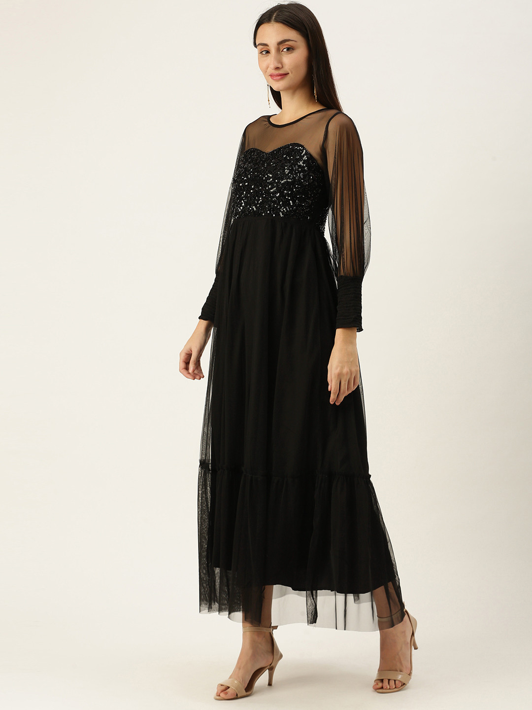 

Antheaa Black Embellished Tiered Net Maxi Dress