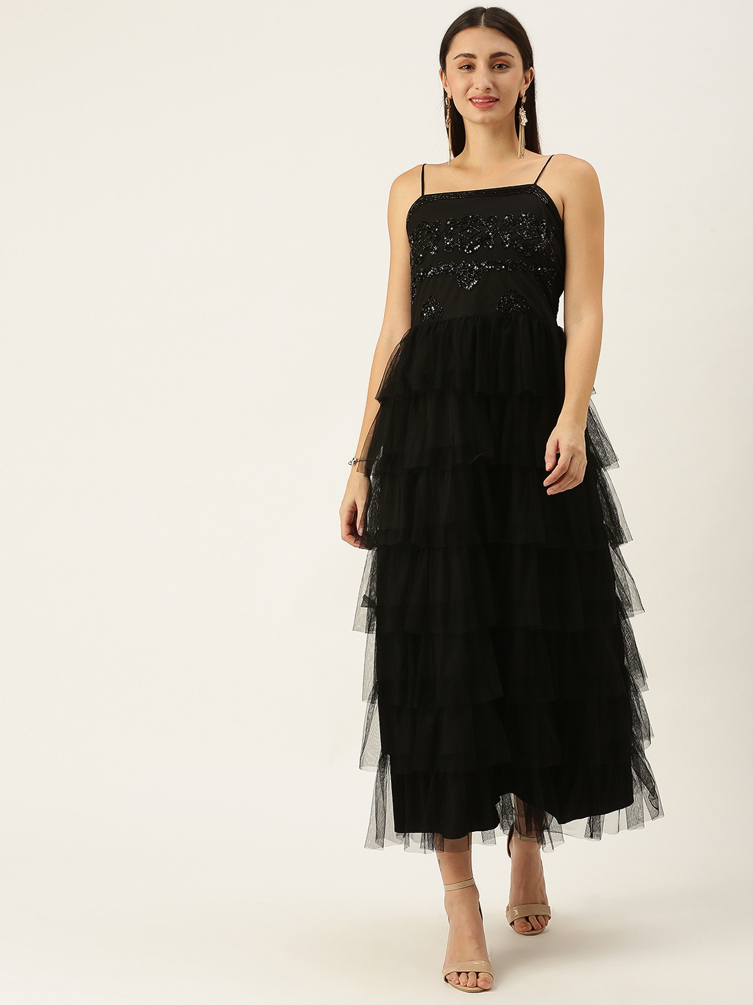 

Antheaa Black Embellished Tiered Net Maxi Dress