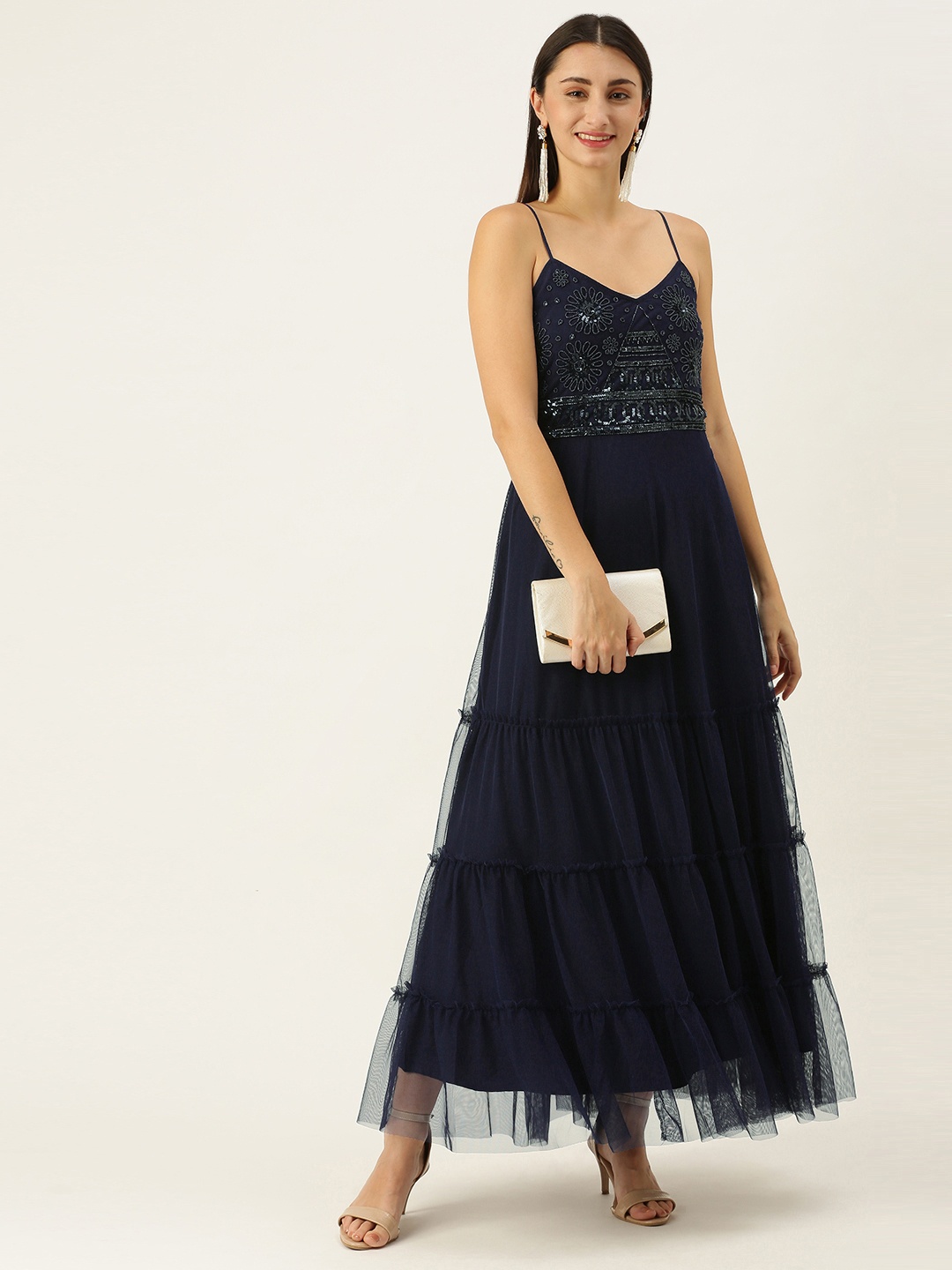 

Antheaa Navy Blue Embellished Net Maxi Dress
