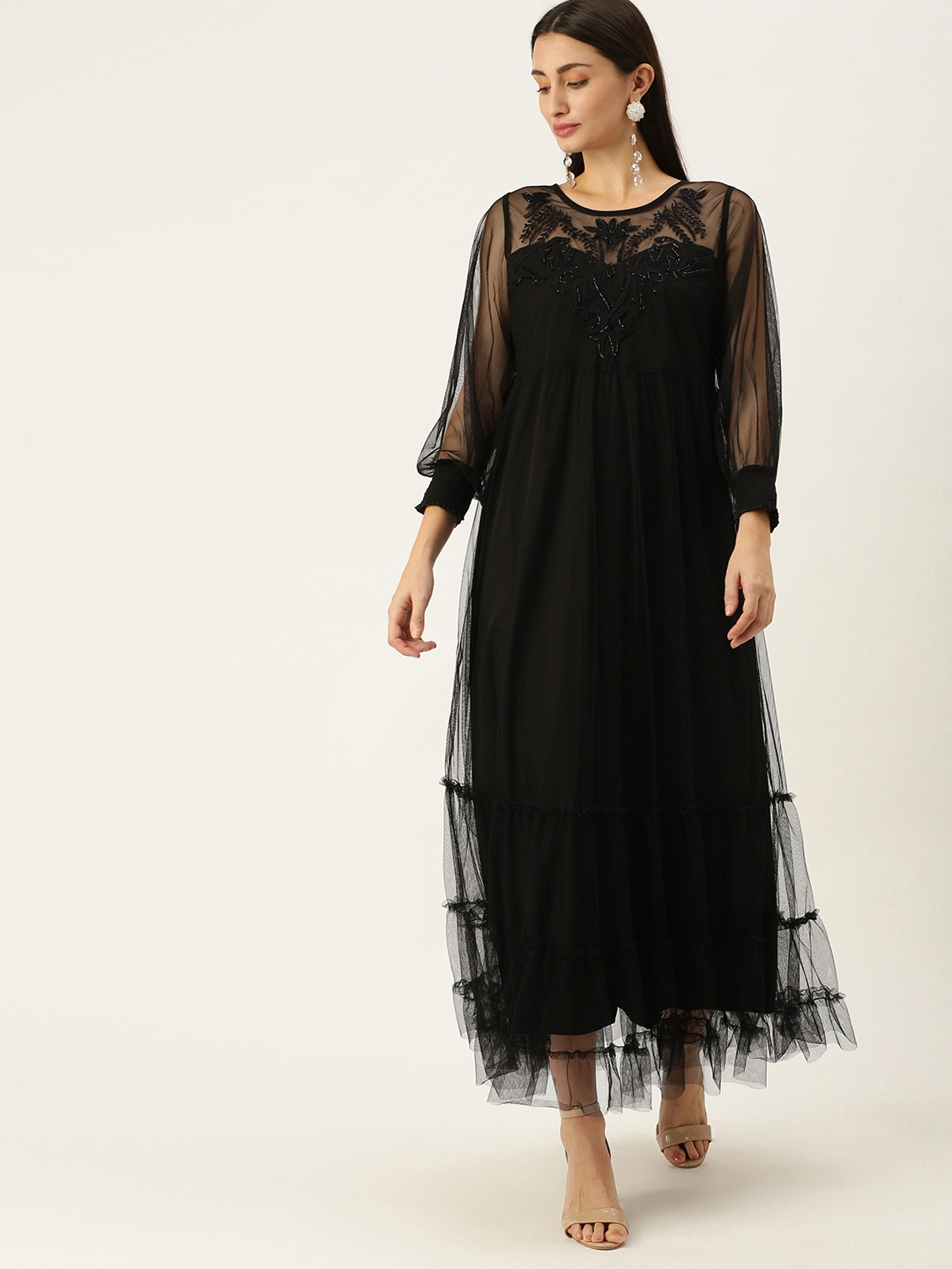 

Antheaa Black Embellished Net Maxi Dress