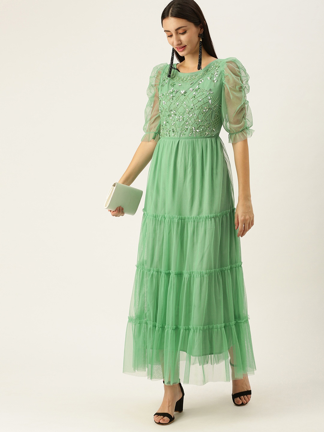 

Antheaa Green Embellished Net Maxi Dress