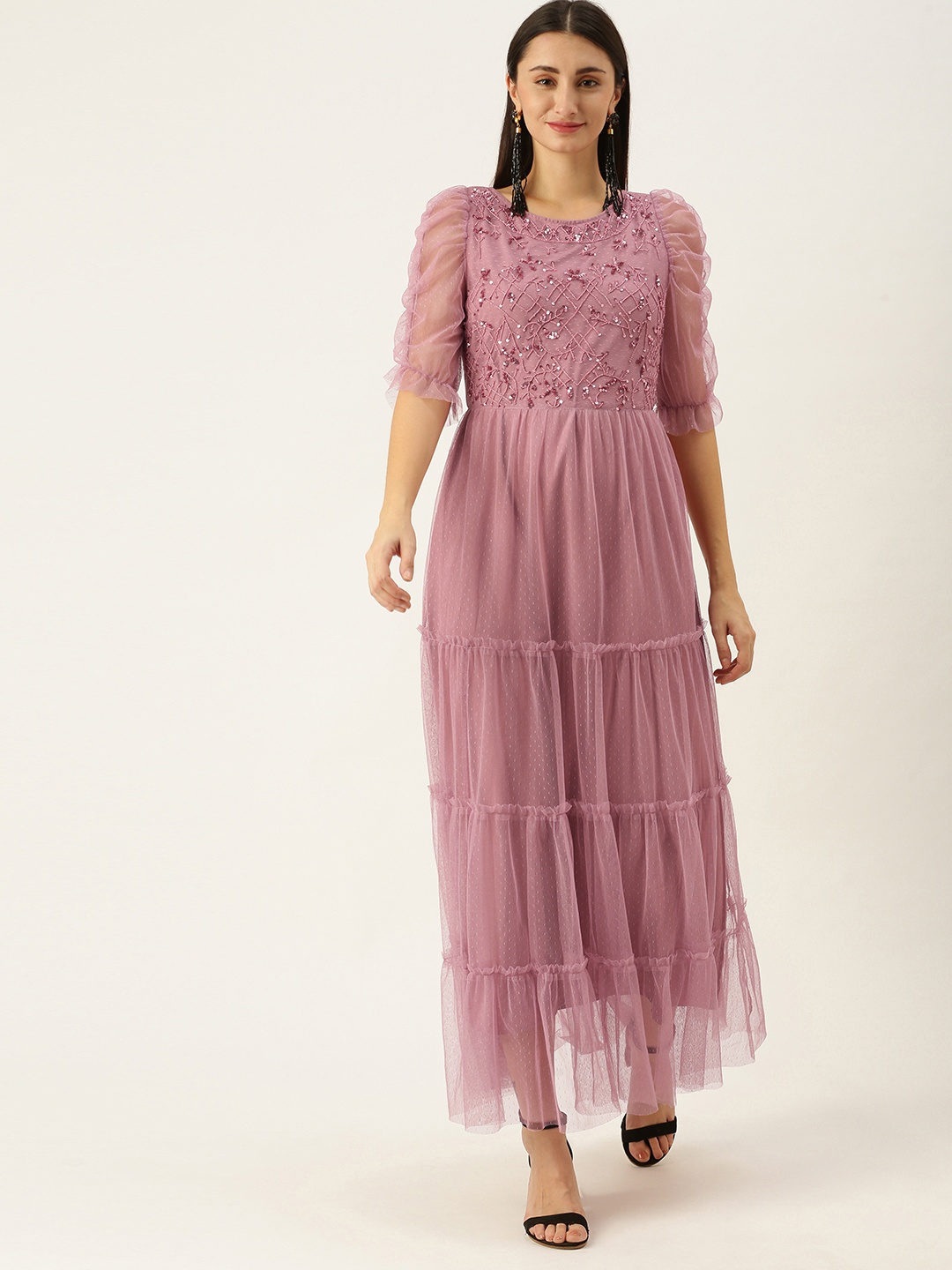 

Antheaa Pink Embellished Net Maxi Dress