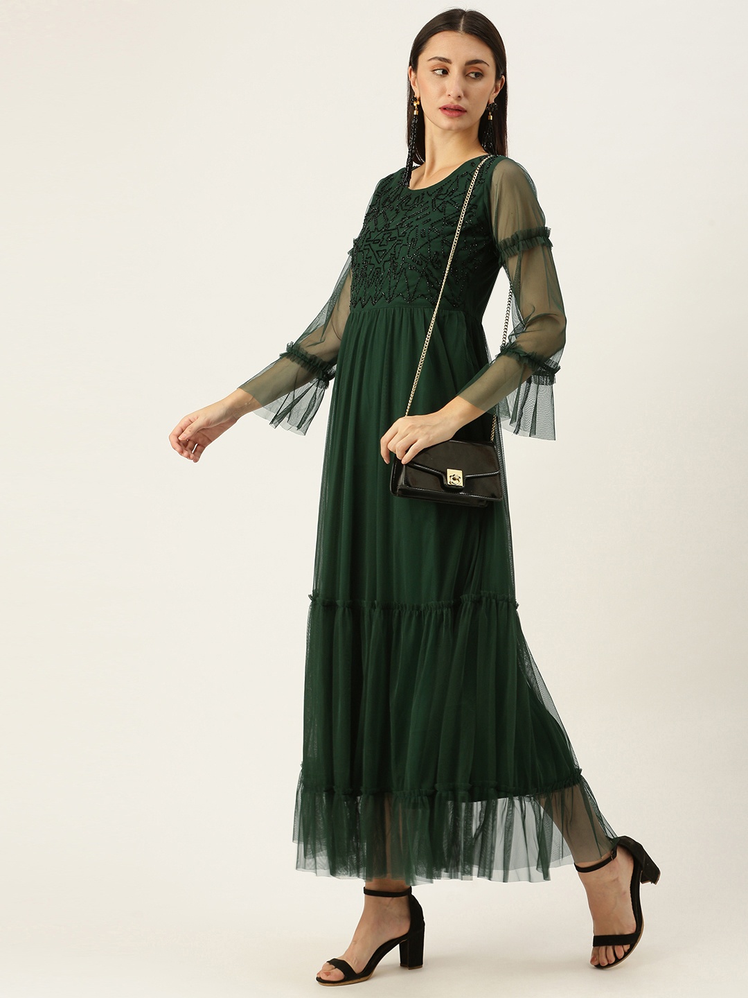 

Antheaa Green Embellished Net Maxi Dress