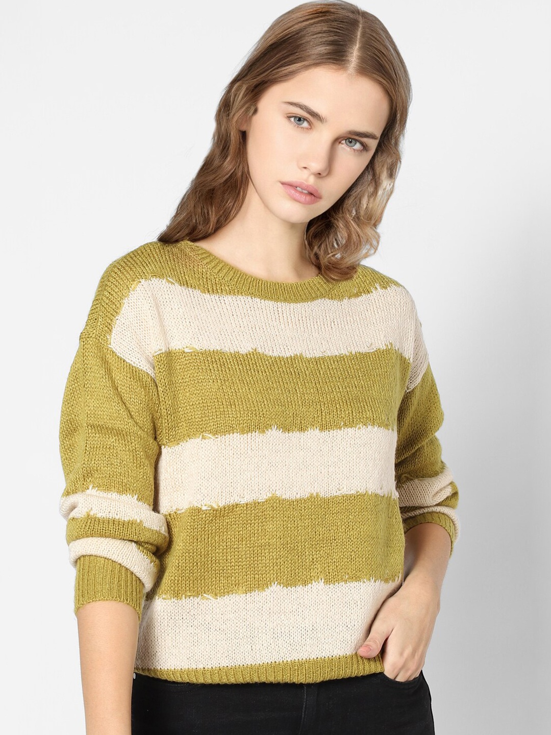 

ONLY Women Green & Beige Striped Pullover