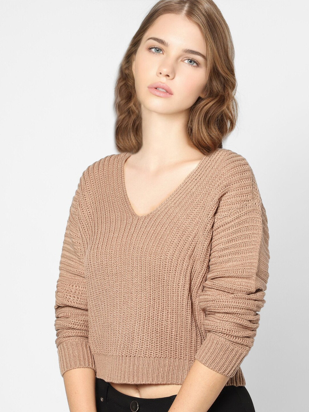 

ONLY Women Beige Ribbed Acrylic Pullover