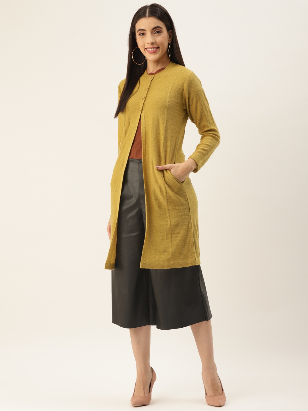 

BROOWL Women Mustard Yellow Longline Cardigan