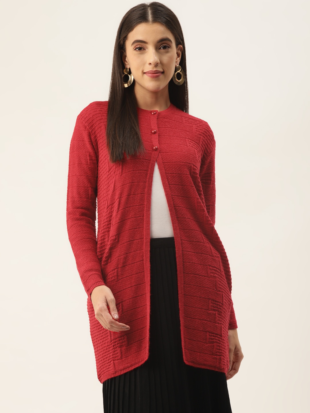 

BROOWL Women Self-Design Red Longline Cardigan