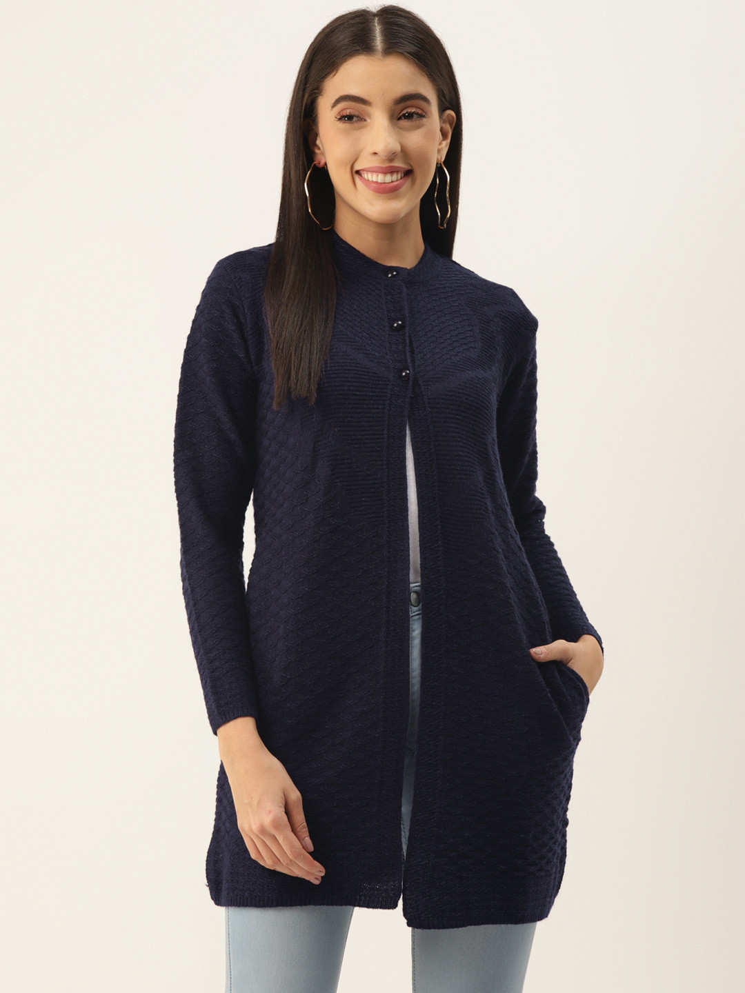 

BROOWL Women Navy Blue Wool Longline Cardigan