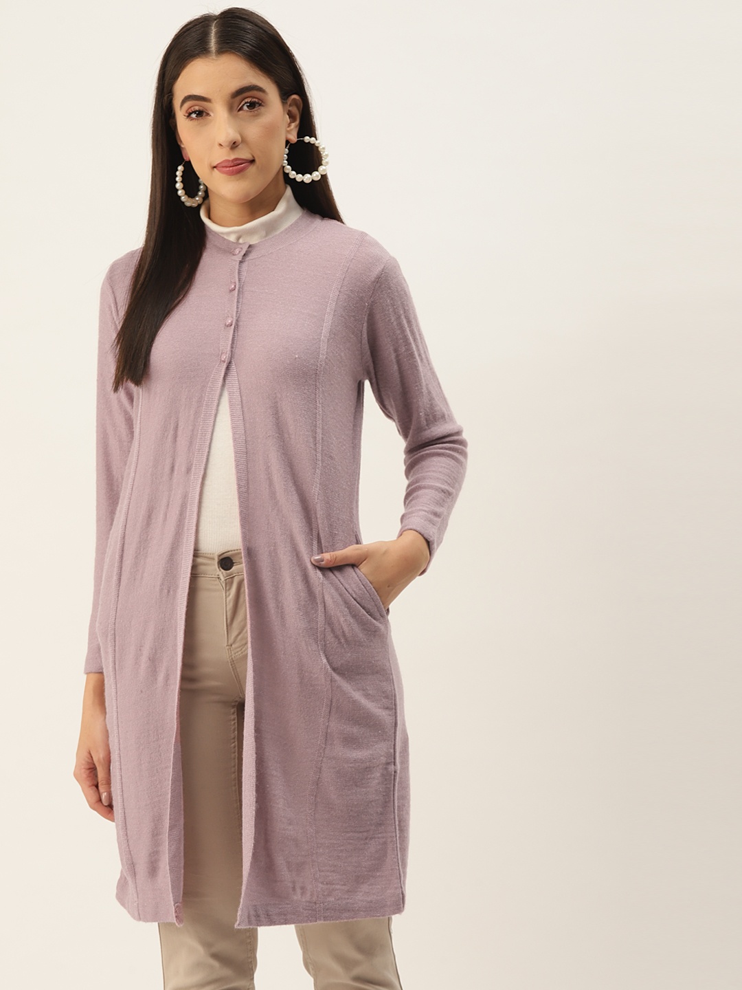 

BROOWL Women Nude-Coloured Wool Longline Cardigan