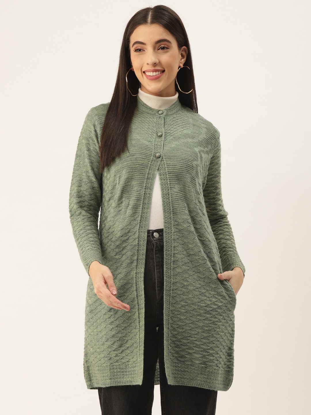 

BROOWL Women Green Self Design Longline Cardigan