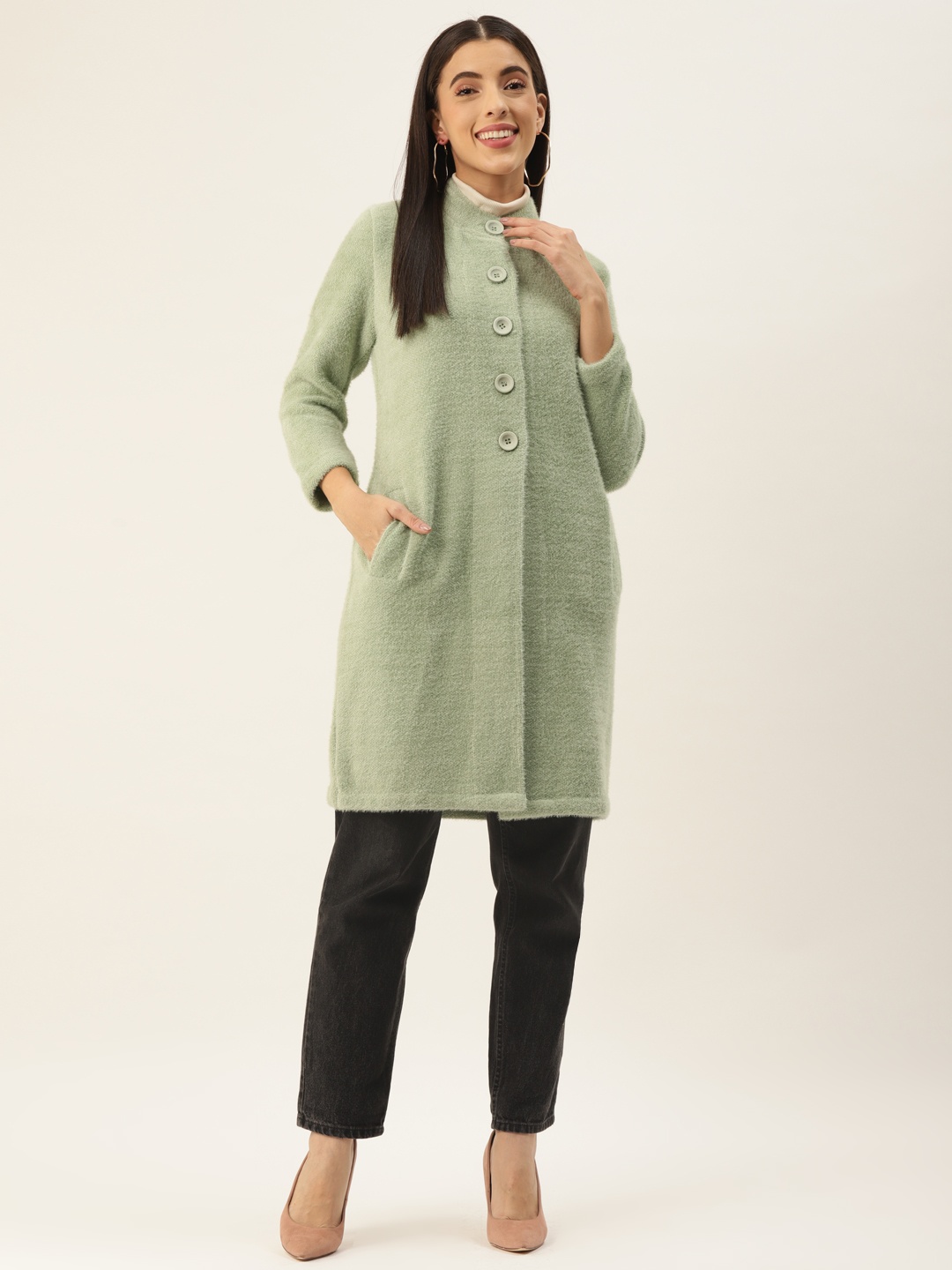 

BROOWL Women Green Woolen Checkered Longline Coat
