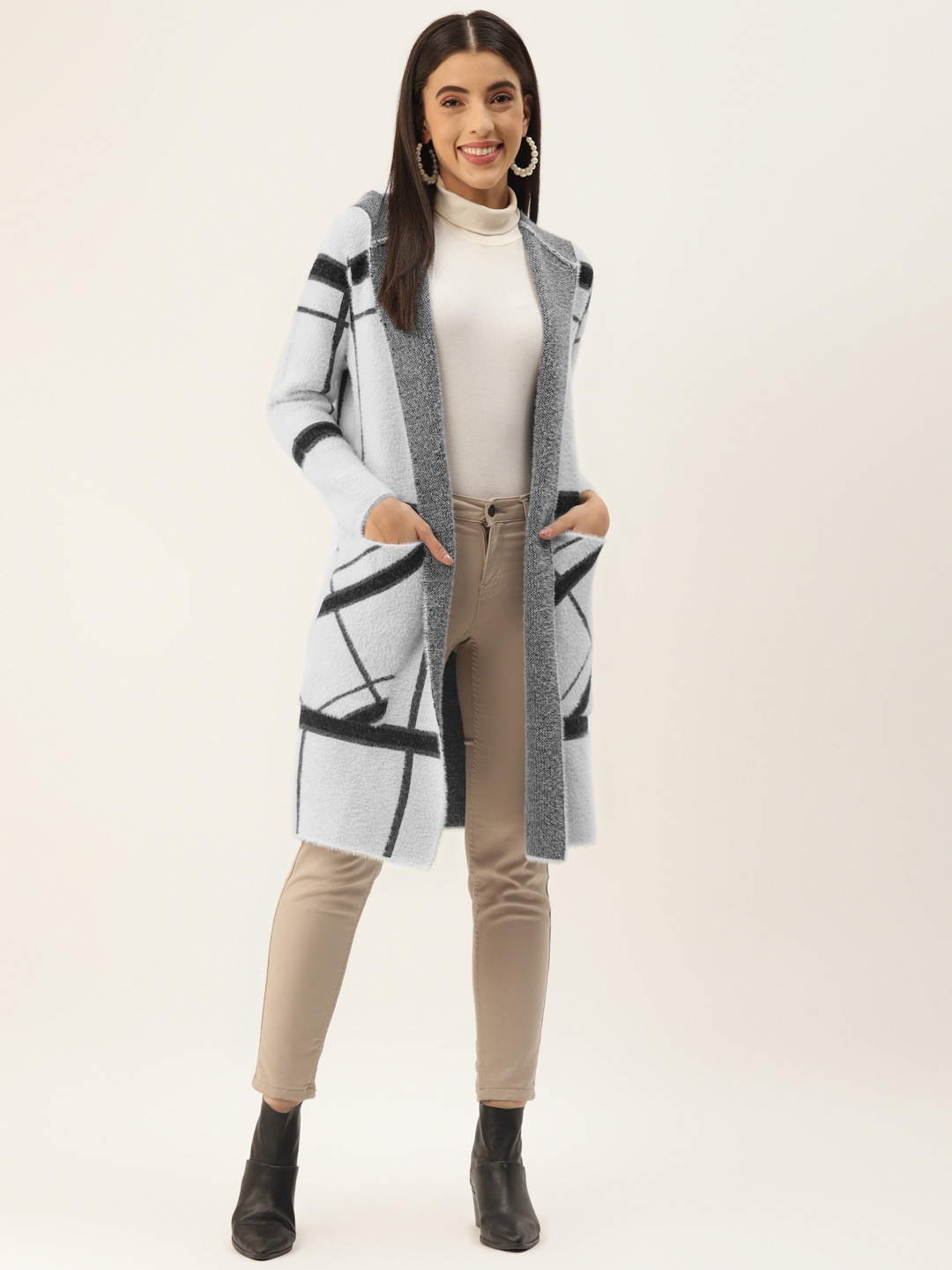 

BROOWL Women White & Black Checked Wool Longline Front-Open Sweater