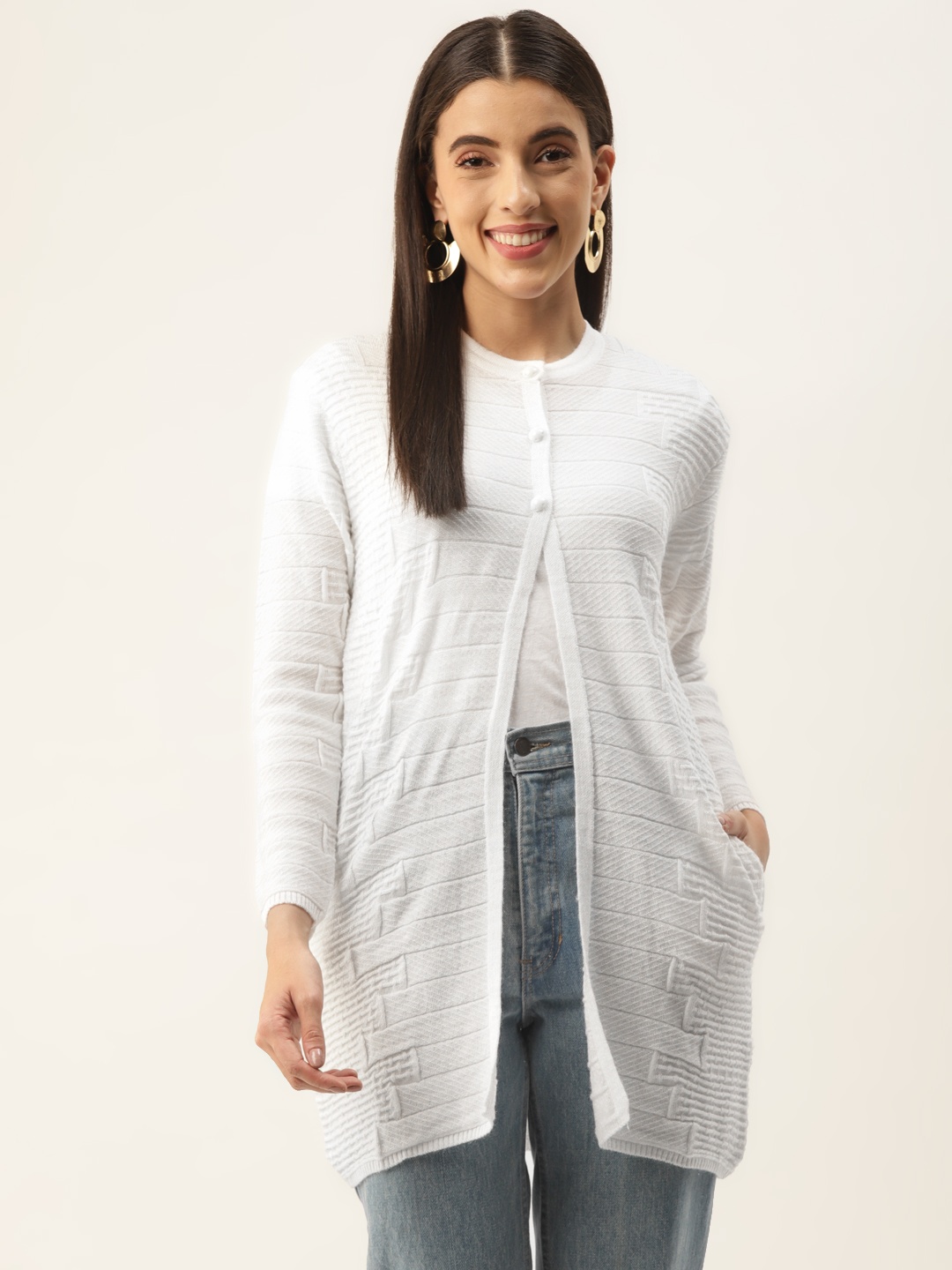 

BROOWL Women White Self Design Longline Cardigan