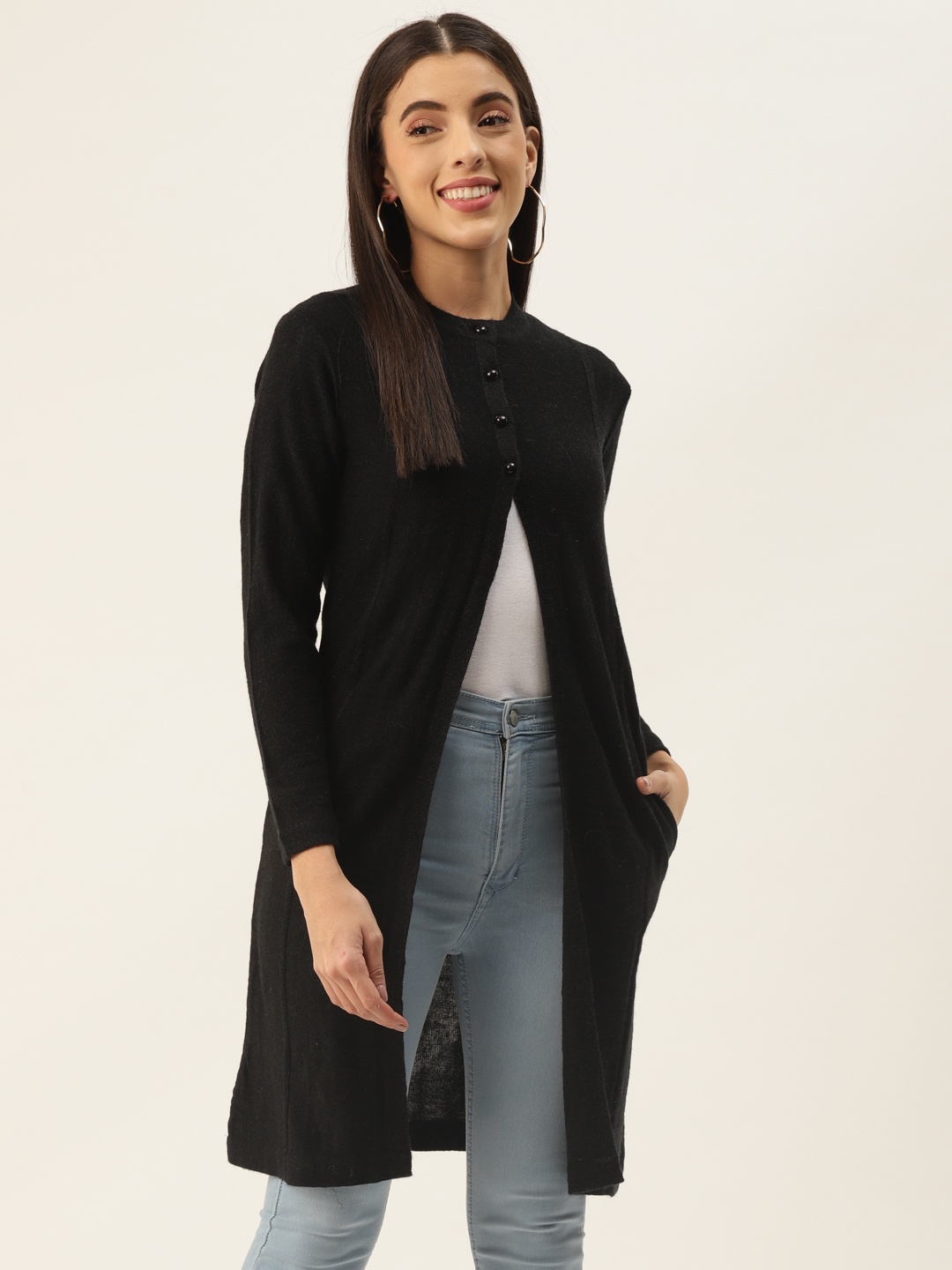 

BROOWL Women Black Wool Longline Cardigan