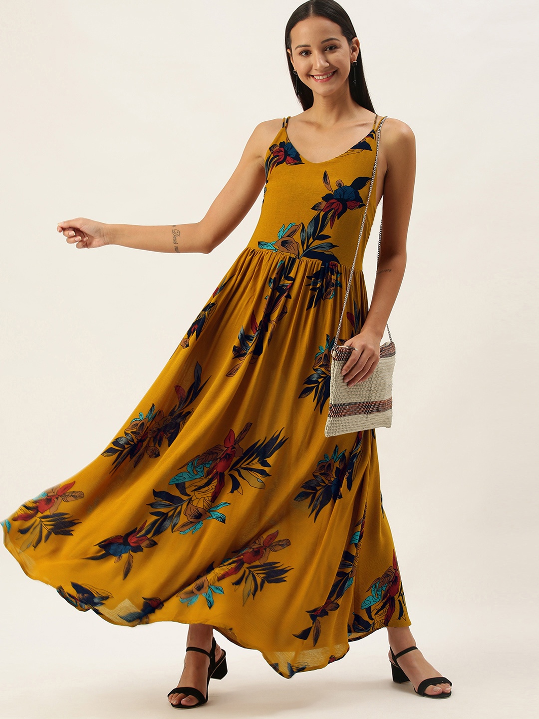 

SHECZZAR Mustard Yellow Floral Print Maxi Dress