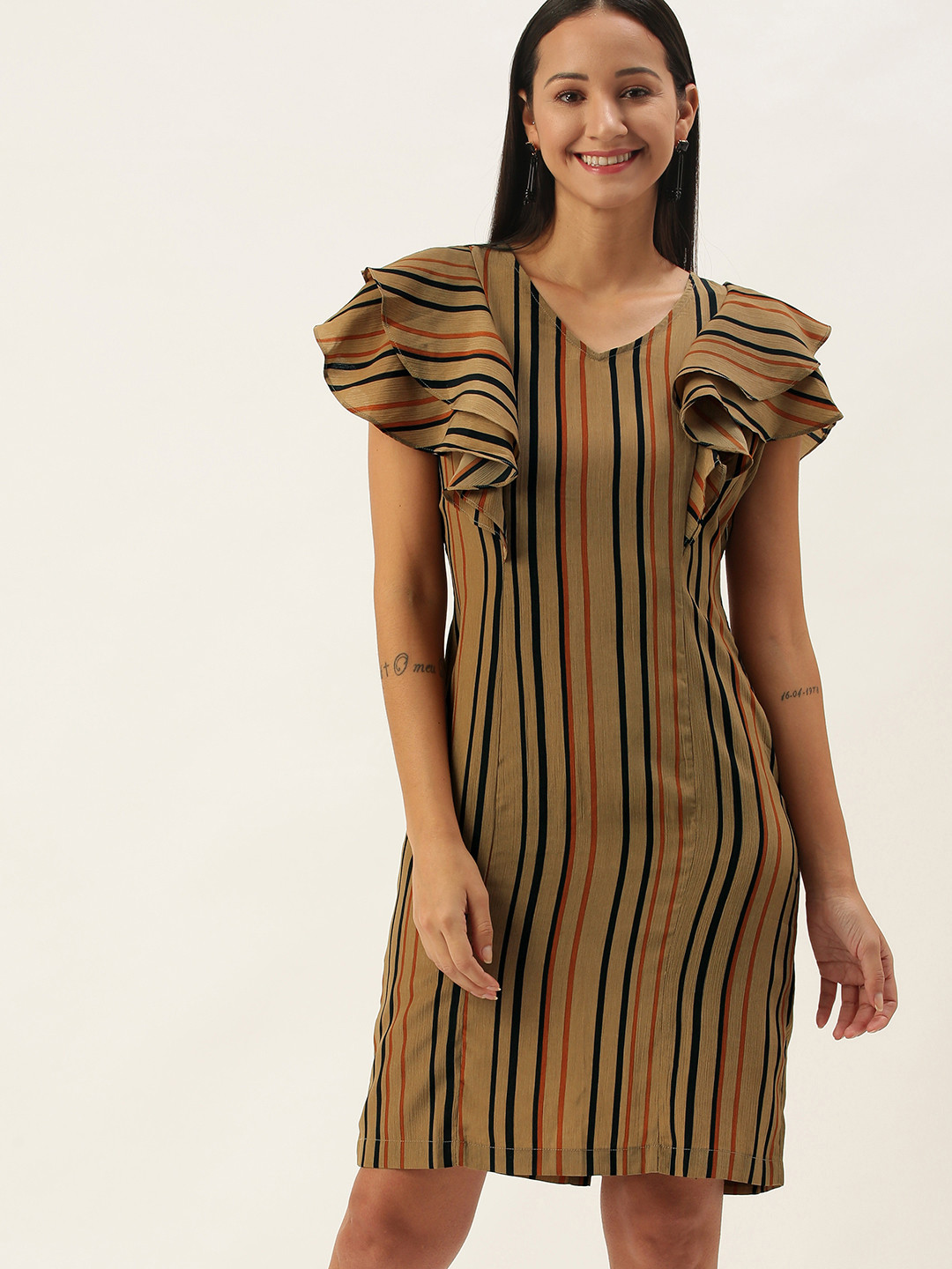 

SHECZZAR Brown Striped Chiffon Sheath Dress