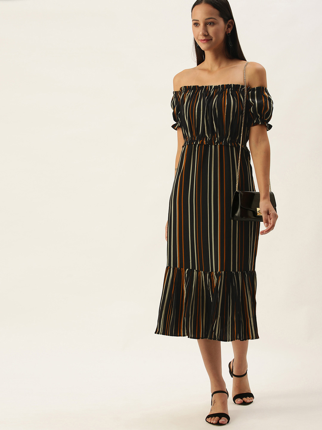 

SHECZZAR Black Striped Bardot Style Chiffon Midi Dress