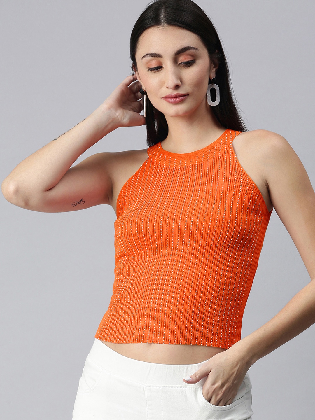

XO LOVE Orange Embellished Crop Top