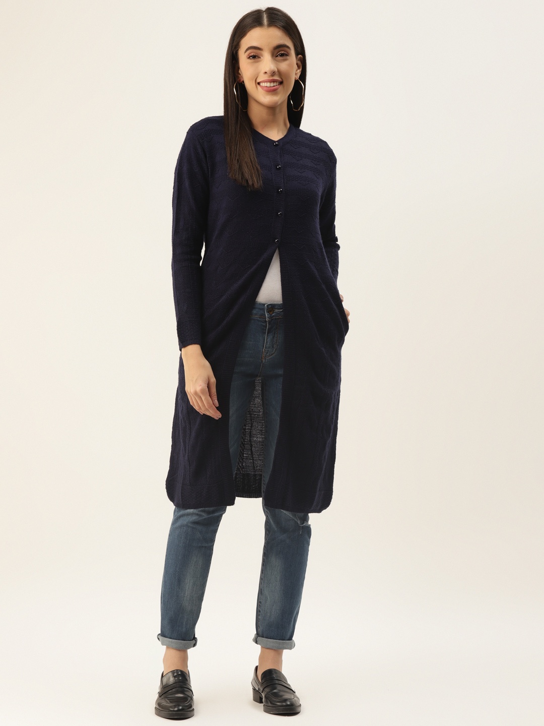 

BROOWL Women Navy Blue Wool Longline Cardigan