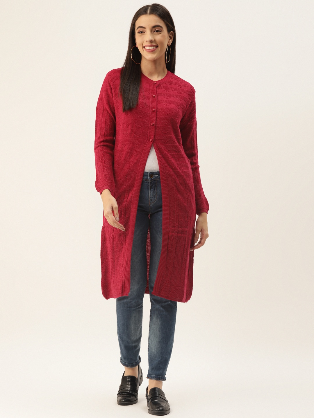 

BROOWL Women Red Wool Longline Cardigan