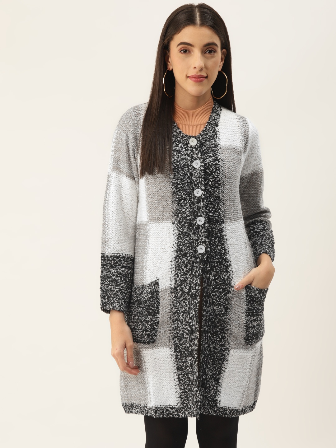 

BROOWL Women Grey & White Colourblocked Wool Longline Cardigan