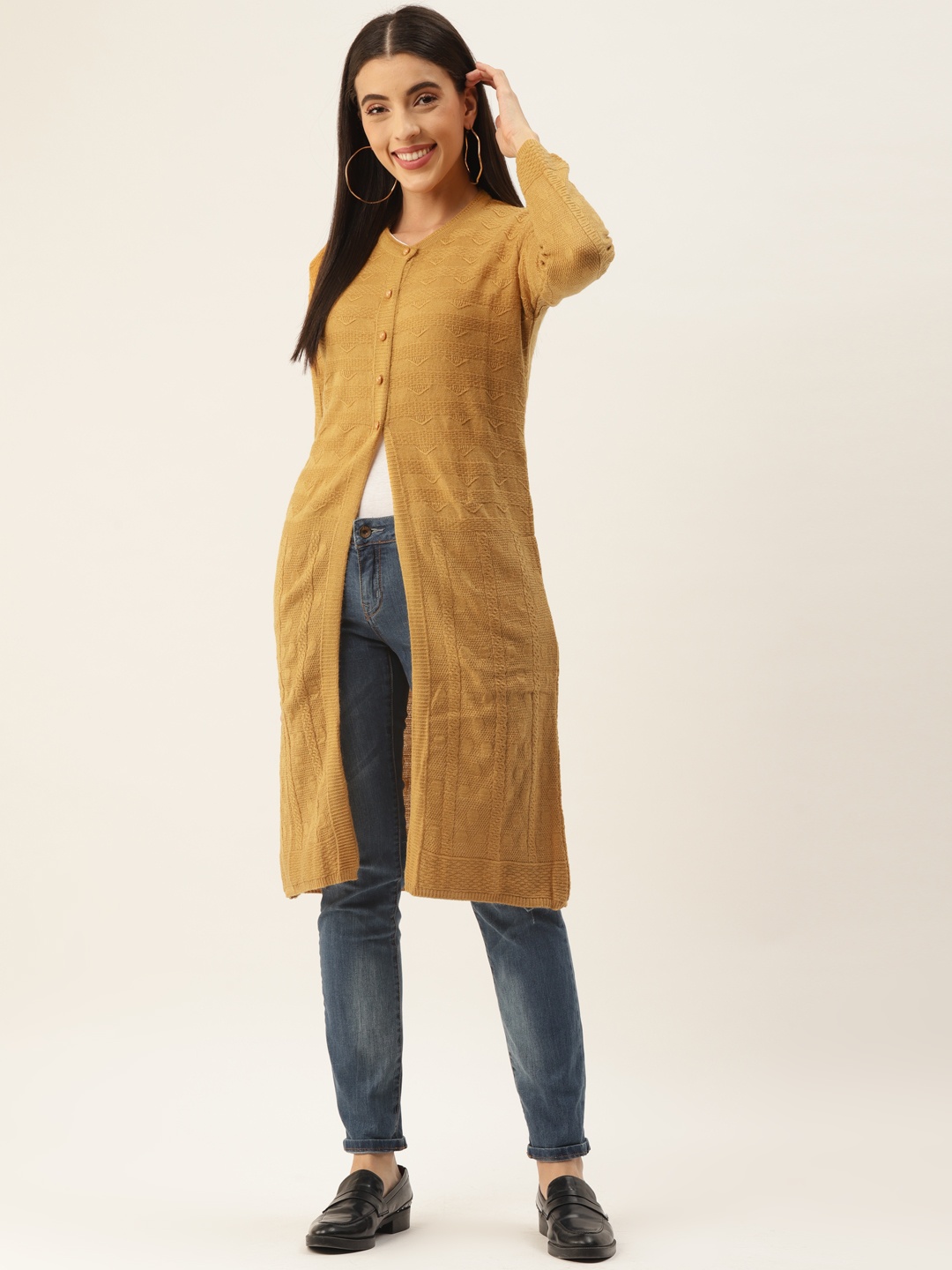 

BROOWL Women Mustard Yellow Self Design Longline Cardigan