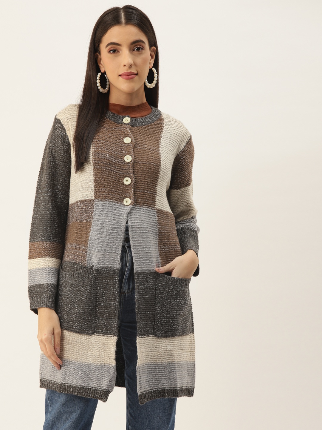 

BROOWL Women Multicoloured Printed Longline Wool Cardigan, Multi