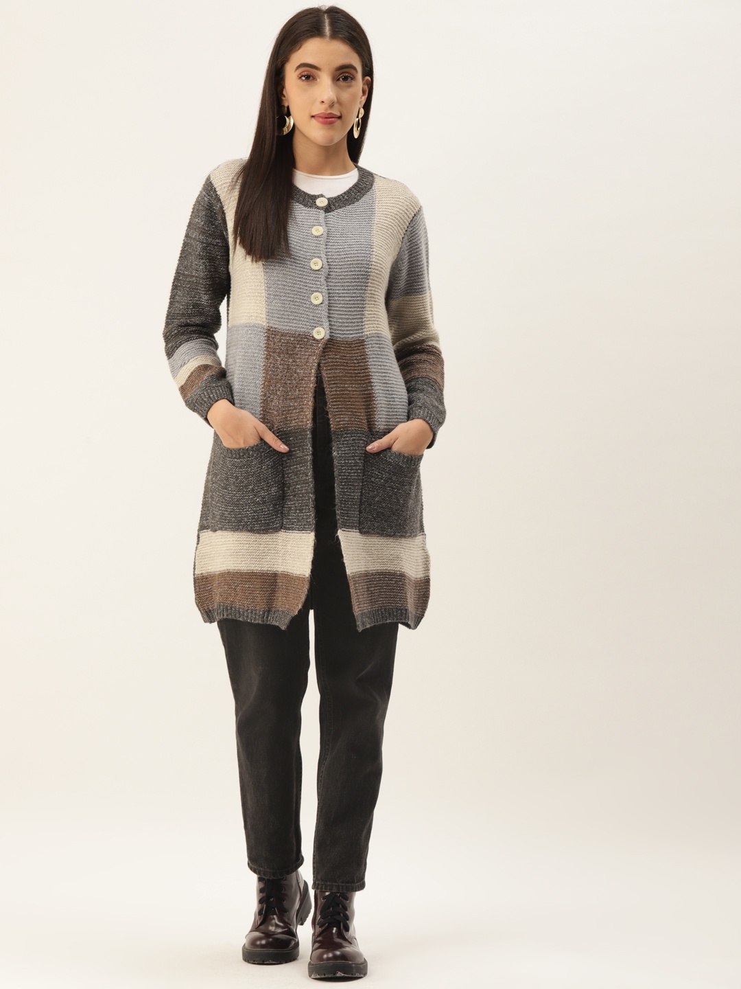 

BROOWL Women Multicoloured Colourblocked Wool Longline Cardigan, Multi